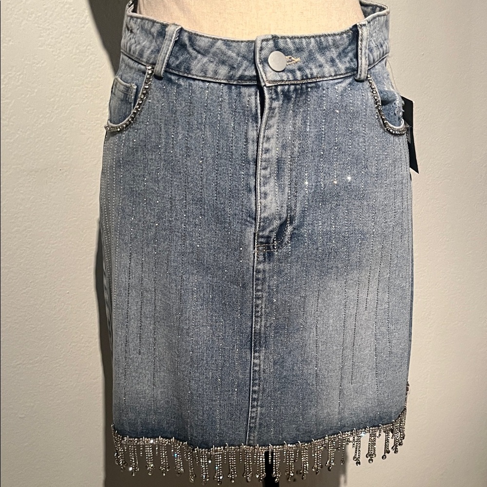 Denim Skirt with Beaded Fringe